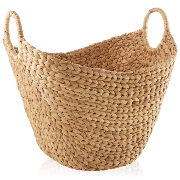 Casafield Brown Natural 18 in. x 20 in. Large Wicker Water Hyacinth Decorative Basket Boat Shaped Storage Tote for Laundry