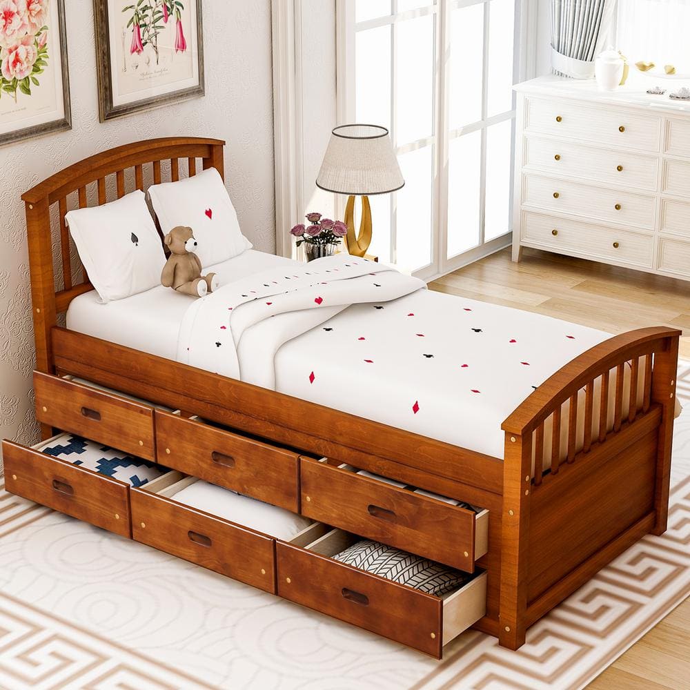 Harper & Bright Designs Walnut Twin Size Platform Storage Solid Wood Bed with 6-Drawers, Brown