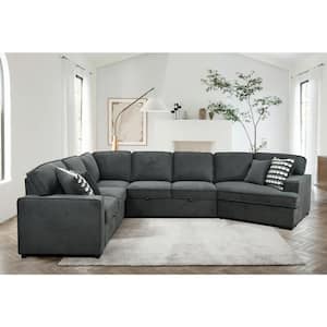 146.5 in. U Shaped Polyester Sectional Sofa in Dark Gray with Storage Chaise, Pull-out Bed, Cup Holders