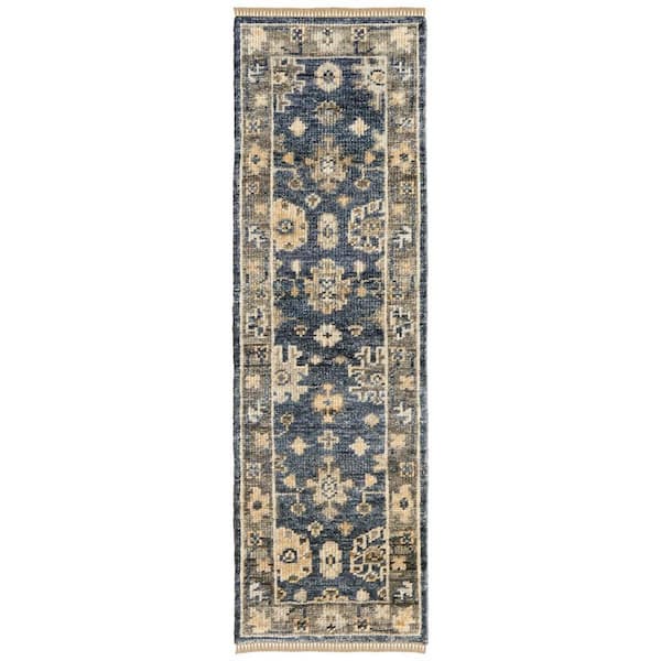 2 ft. x 12 ft. Blue, Gray Floral Runner Rug