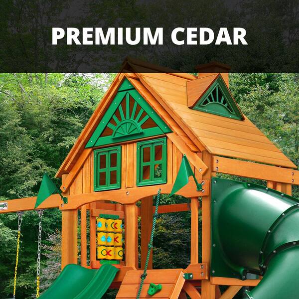 Mountaineer Treehouse Wooden Outdoor Playset with Tube Slide, Rock Wall,  Swings, and Backyard Swing Set Accessories