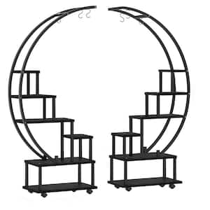 44 in. W x 13.8 in. D x 66.7 in. H Indoor/Outdoor Black Metal 6-Tier Tall Half Moon Shaped Plant Stand with Hanging Loop