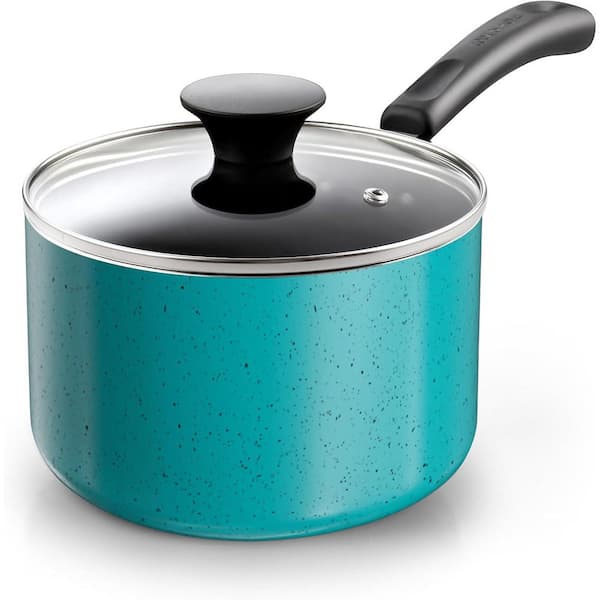 3 qt. Aluminum Non Stick Sauce Pan w/ Glass Lid, Nonstick Small Multi-Purpose Pot, Milk Chocolate Cooking Pot, Turquoise