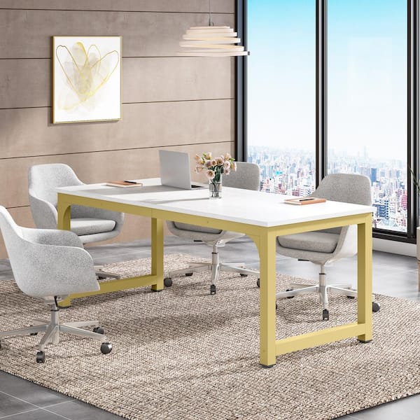 BYBLIGHT Capen 70.8 in. Rectangle White and Gold Engineered Wood Conference Desk 6 ft. Meeting Seminar Table for Office
