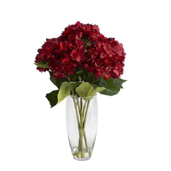 D&W Silks Indoor Artificial Hydrangeas in Glass Vase