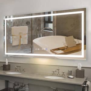 60 in. W x 28 in. H Large Rectangular Frameless LED Dimmable Wall Bathroom Vanity Mirror with Clock in Silver