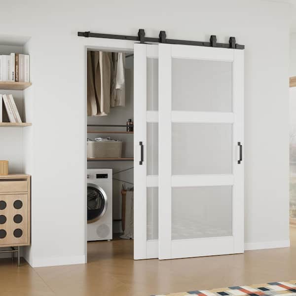 72 in. x 80 in. (Double 36 in. ) 3 Lite Frosted Glass White Primed MDF Sliding Barn Door with Hardware Kit Bypass