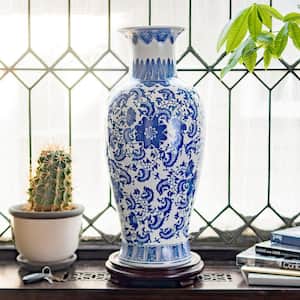 24 in. Blue and White Floral Porcelain Fishtail Decorative Vase