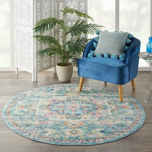 Passion Ivory/Light Blue 4 ft. x 4 ft. Persian Modern Transitional Round Area Rug