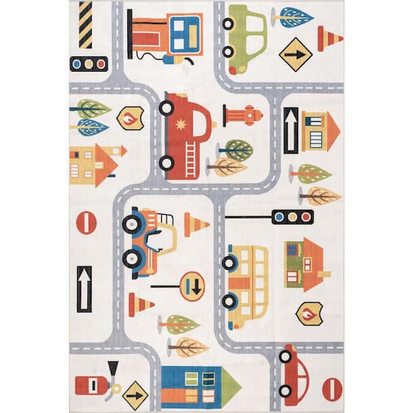 Jules Kids Spill Proof Washable Play Time White Multicolor 7 ft. x 9 ft. Indoor Area Rug