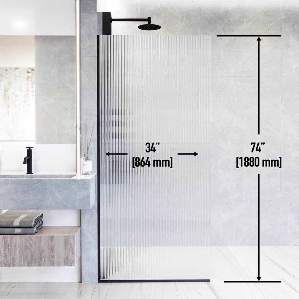 Zenith 34" Matte Black Frameless Fluted Glass Shower Screen