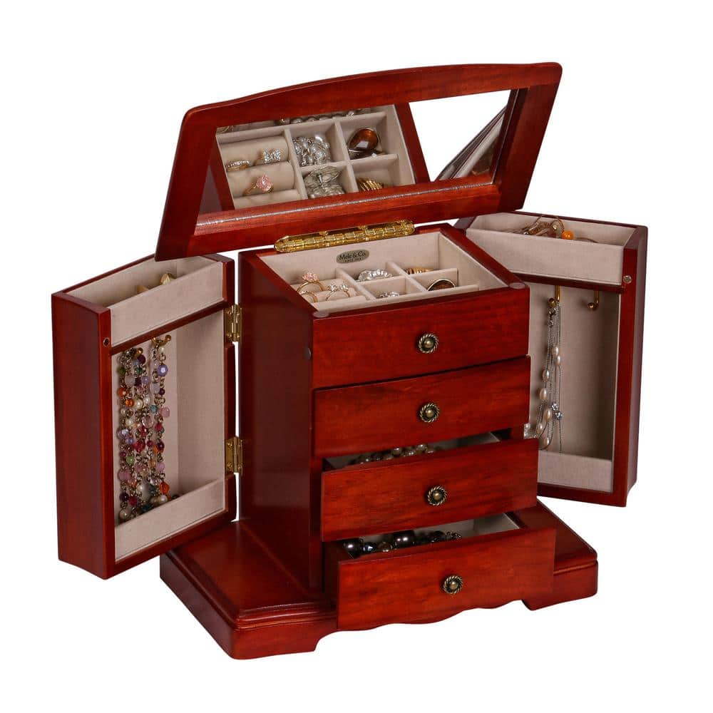 Cherry Finish Wooden Musical Jewelry Box with 3 Drawers
