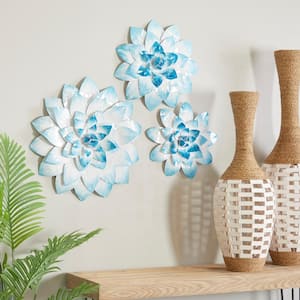 22 in., 17 in., 15 in. Blue Metal Modern Floral Wall Decor (Set of 3)