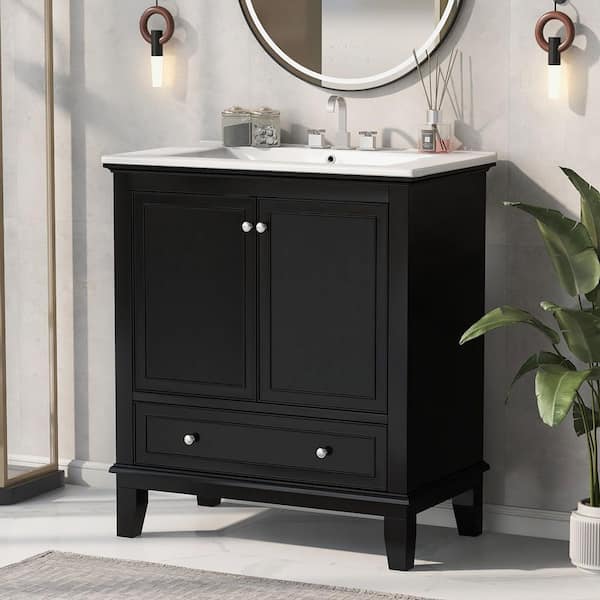 30 in. Single Sink Freestanding Black Bath Vanity with White Ceramic Top, Adjustable Shelf