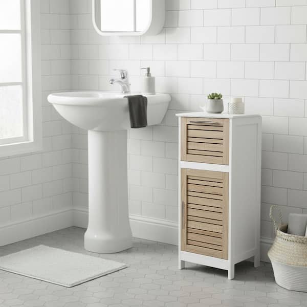 EVIDECO French home goods Stockholm 14.7 in. W x 11.13 in. D x 32.12 in. H Freestanding Bath Linen Cabinet with 2 Shelves in Brown Oak