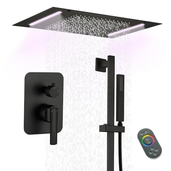 LED Rain Shower System, 2-Handle 2-Spray Shower Faucet and Handheld Shower 2.5 GPM with Pressure Balance in Matte Black