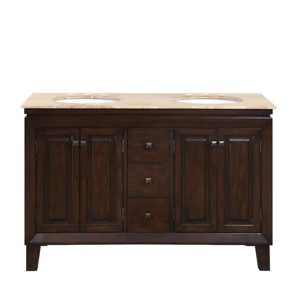 Silkroad Exclusive 55 in. W x 22 in. D Vanity in Dark Walnut with Stone Vanity Top in Travertine with White Basin