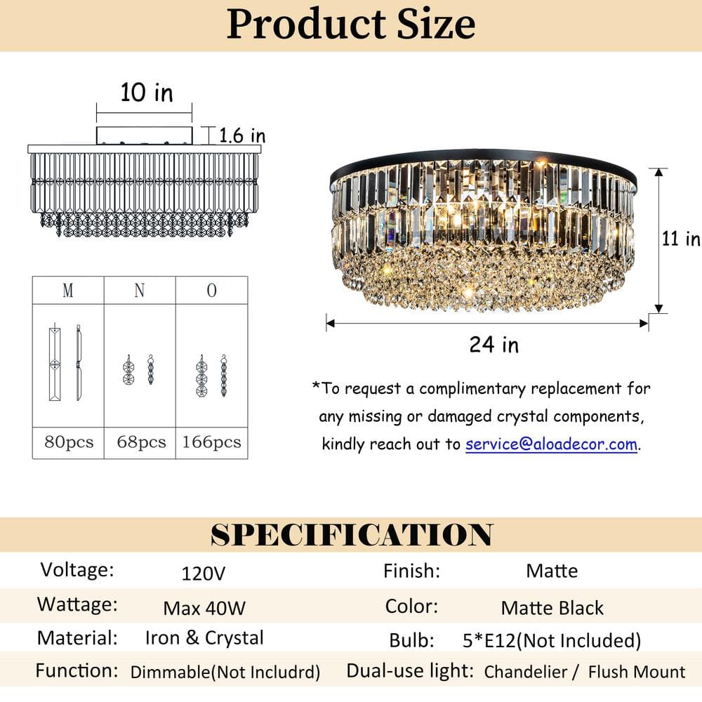 Matte Black and Crystal 24" Drum Flush Mount Ceiling Light