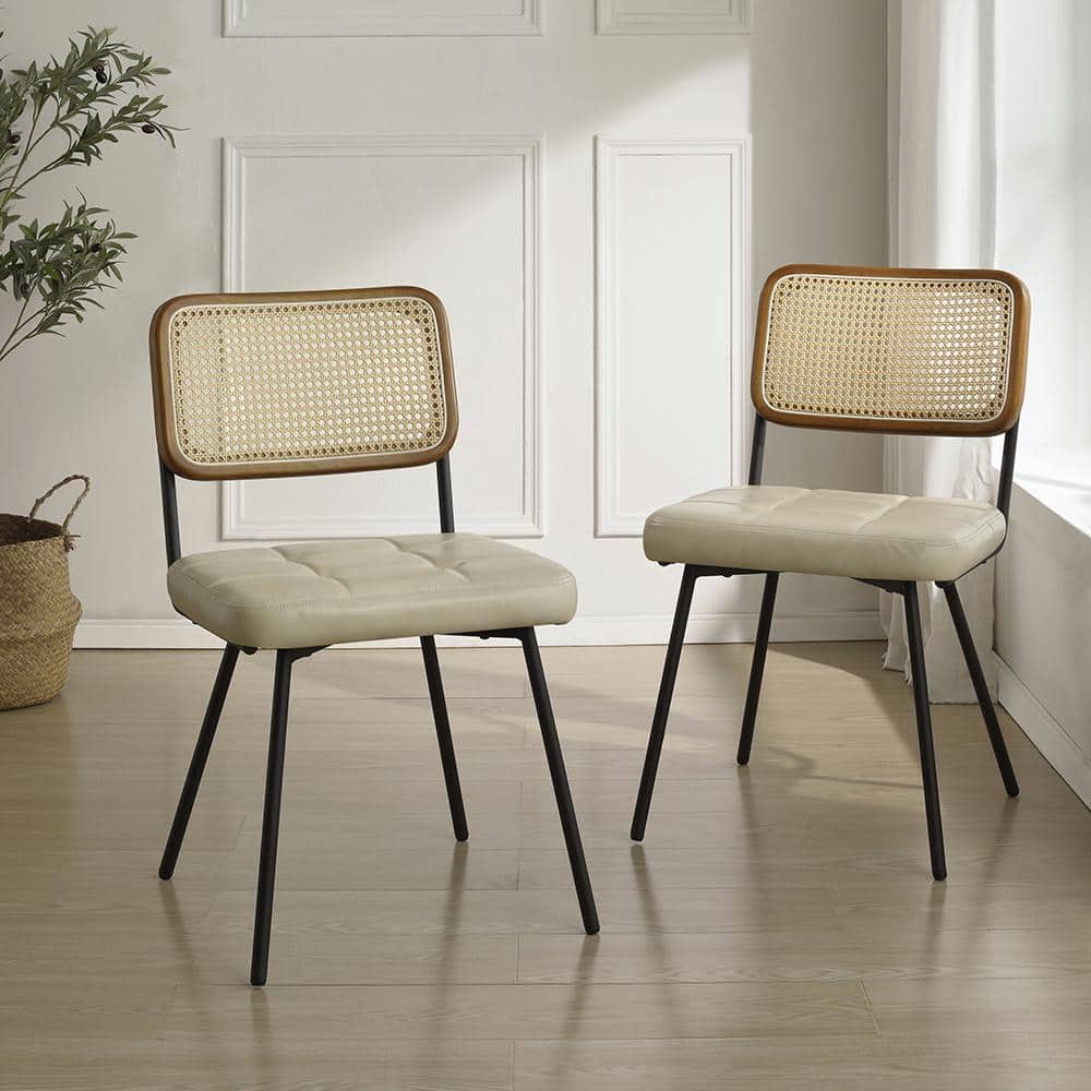 SIASY White Faux Leather Accent Cane Side Chair Set of 2