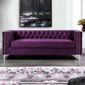 Amelia 84 in. Square Arm Velvet Rectangle Sofa in Purple
