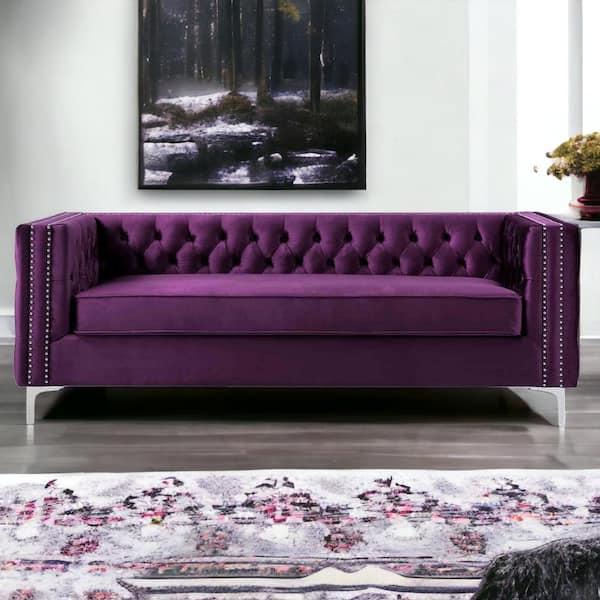HomeRoots Amelia 84 in. Square Arm Velvet Rectangle Sofa in Purple