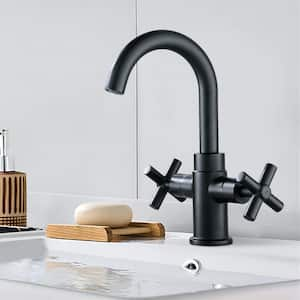 Modern Double Handle Single Hole Brass Bathroom Faucet with Push-Up Pop-Up Drain in Matte Black