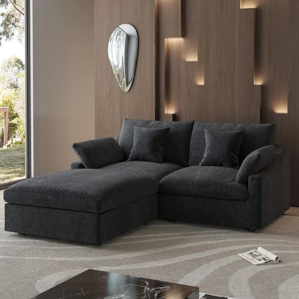 J&E Home 82 in. Square Arm 3-piece Linen Modular Sectional Sofa in. Black with Ottoman, Living Room Couch, Customizable Design