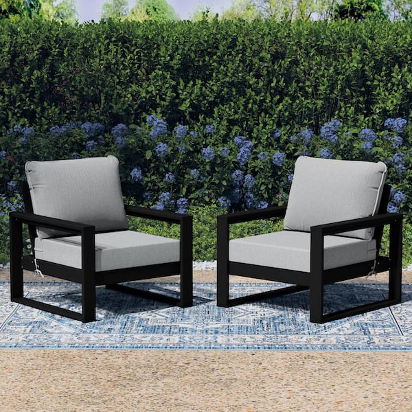Endless Outdoor All Weather HDPE Plastic Modern Black Deep Seating Patio Club Chair with Light Gray Cushions (Set of 2)