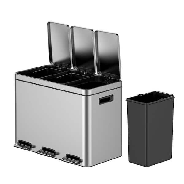 12 Gal. Sliver Stainless Steel Step Kitchen Trash Can with 3 Compartments, Soft-Close Lid, Removable Inner Bucket