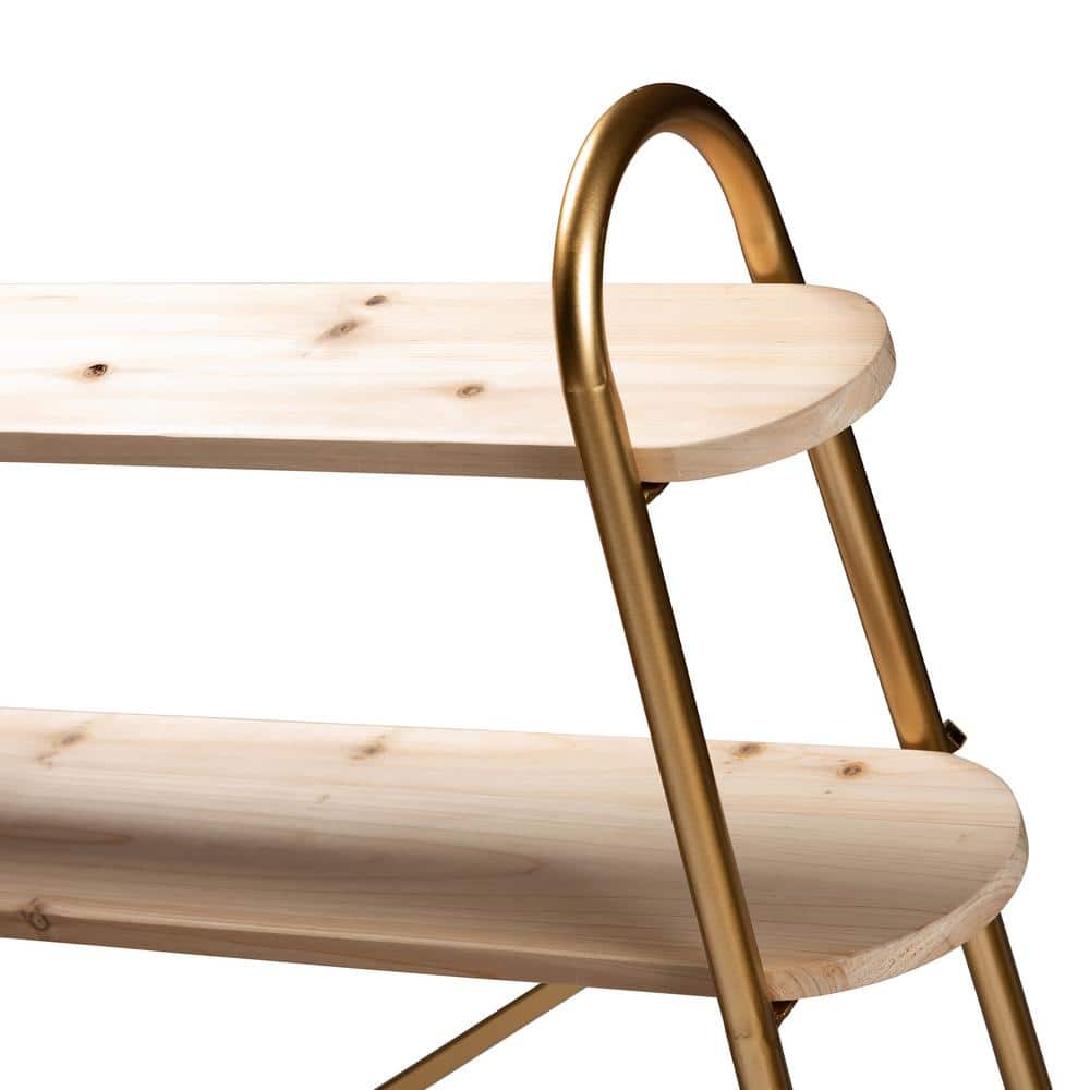 Merida Brushed Gold and Natural Brown Wood 2-Tier Queen Overbed Shelf