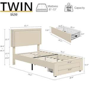 Platform Bed Frame Beige Metal Frame Twin Size Platform Bed with 1-Storage Drawer, Upholstered bed with Headboard