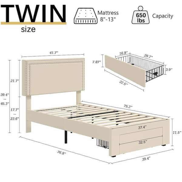 Platform Bed Frame Beige Metal Frame Twin Size Platform Bed with 1-Storage Drawer, Upholstered bed with Headboard