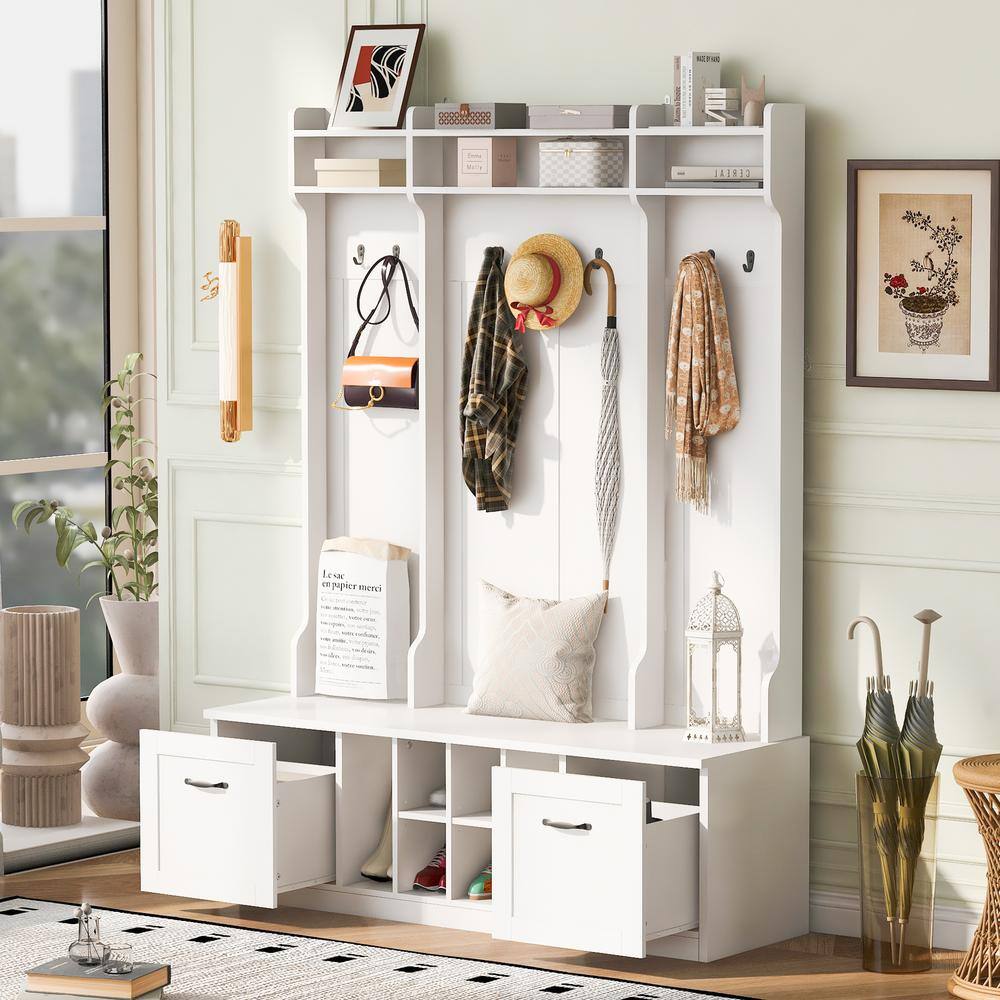 5-in-1 White Storage Hall Tree Entryway Bench with Coat Rack, 7 Hooks, 2 Drawers and Adjustable Shelves price history on PriceWatchPro