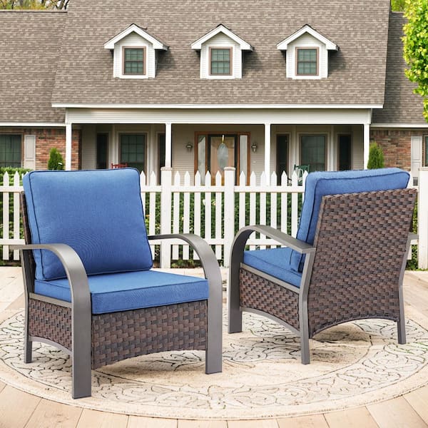 Opohoro ArcMetal Metal and Brown Wicker Outdoor Lounge Chair with Olefin Navy Blue Cushions (2-Pack)