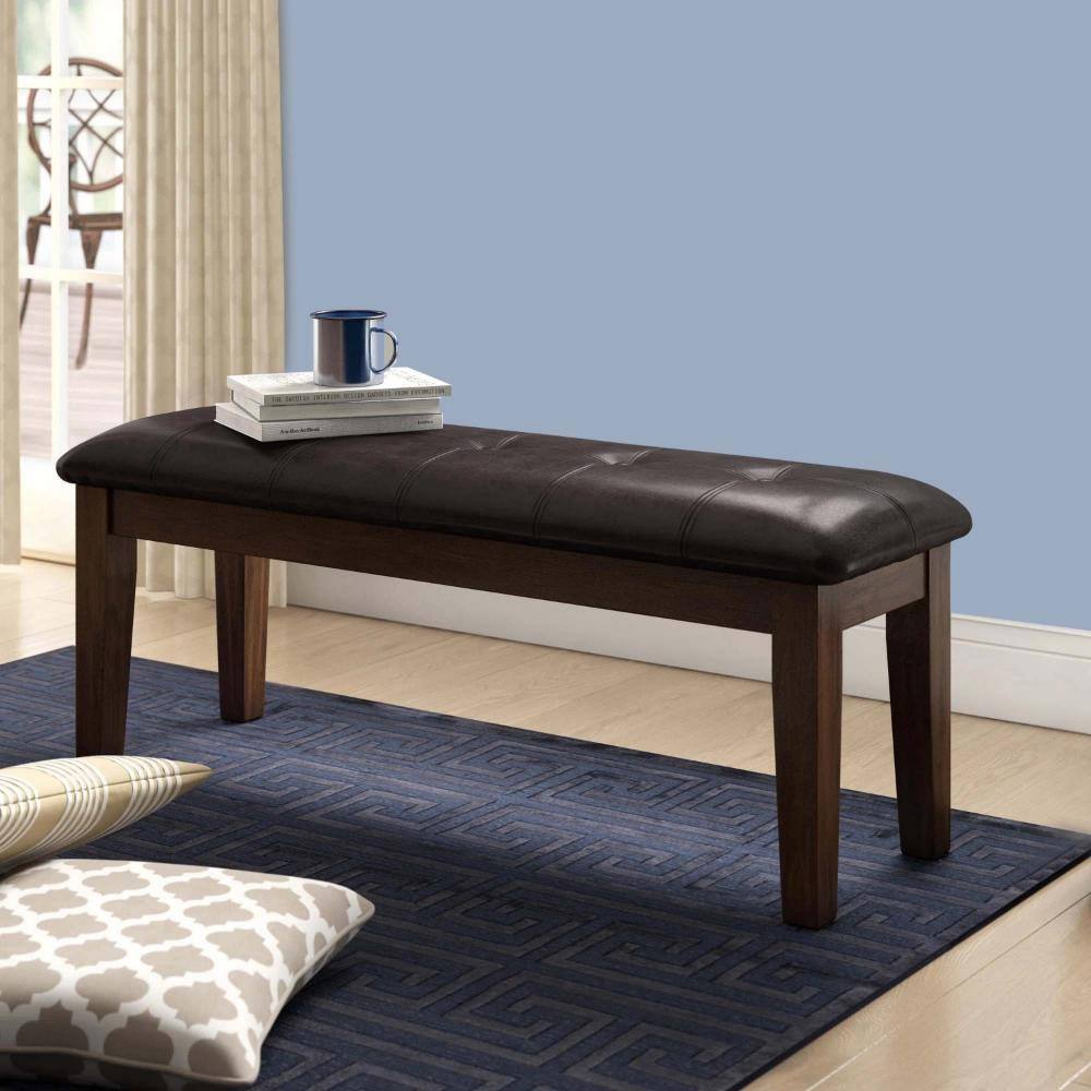 Espresso Brown Faux Leather Tufted 49" Wooden Bench