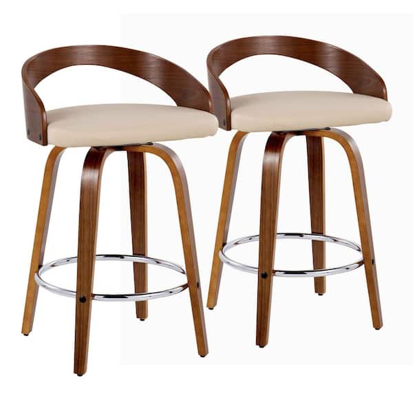 Lumisource Grotto 25.25 in. Cream Faux Leather, Walnut Wood, and Chrome Metal Fixed-Height Counter Stool (Set of 2)