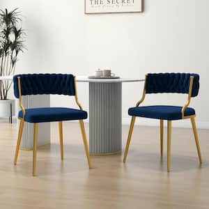 Modern Navy Blue Velvet Upholstered Cutout Back Dining Chair with Metal Legs (Set of 2)