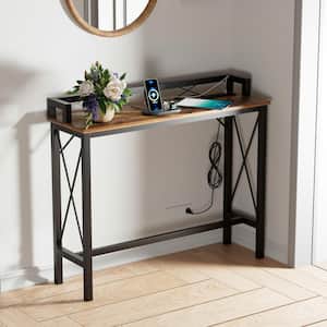 Narrow Charging Station 39.4 in. Brown Rectangle Wood Console Table with Outlet and USB Ports, Entryway Table Side Table