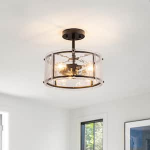 Chloe 11.8 in. 3-Light Black Semi Flush Mount Ceiling Light with Hammer Glass