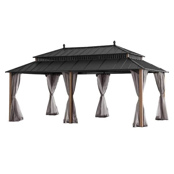 Kingston 20 ft. x 12 ft. Hardtop Gazebo with Steel Roof, Woodgrain Aluminum Frame, Curtains, and Netting