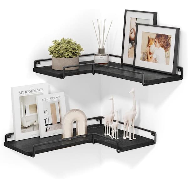 Cubilan 15.7 in. W x 5.5 in. D Black Decorative Wall Shelf, Corner Shelf Wall Mount (Set of 2)