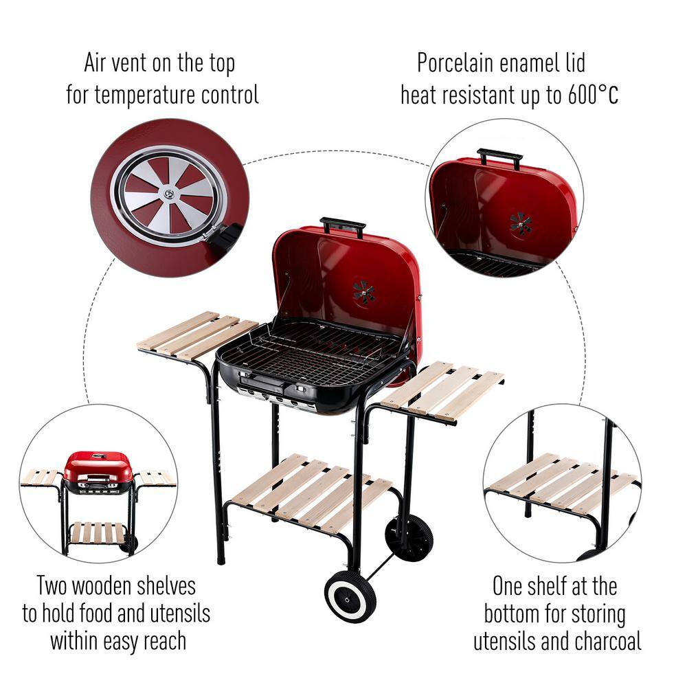 Outsunny Red and Black Portable Charcoal Grill with Shelves