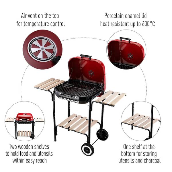Outsunny 19 in. Steel Porcelain Portable Outdoor Charcoal Barbecue Grill in Red with Heat Control and 2 Wooden Side Shelves 846-043 - The Home Depot