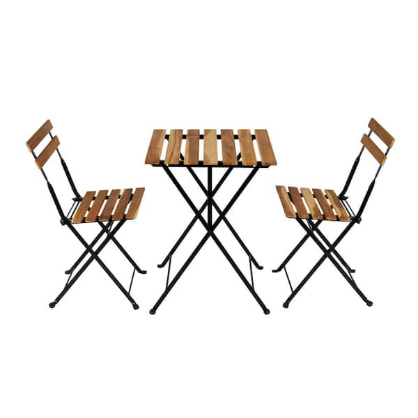 Afoxsos 3-Piece Solid Teak Wood Coating Frame Outdoor Bistro of Folding Table and Chair Set with Blue Cushions
