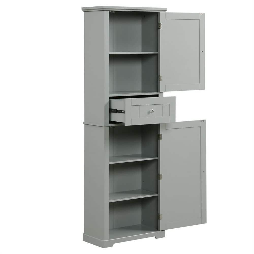 11 in. W x 22 in. D x 67.7 in. H Gray MDF Linen Cabinet with Adjustable Shelf 1-Drawers, 2-Doors