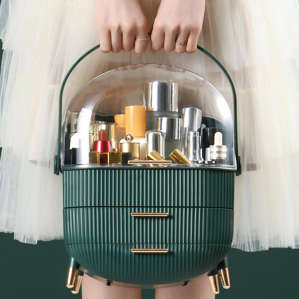 Light Green Makeup Organizer with Lid and Drawers