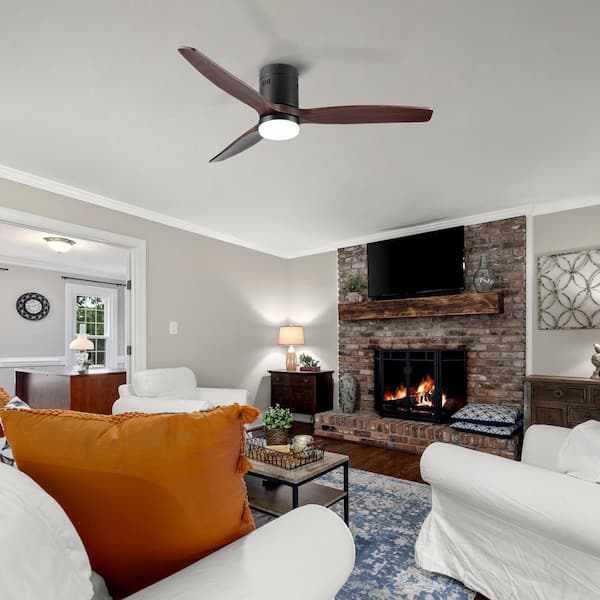 52 in. Indoor Black Intergrated LED Low Profile Ceiling Fan Lighting with Brown Solid Wood Blade