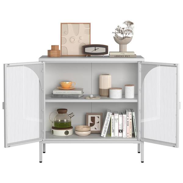 FUNKOL 31.5 in. x 13.8 in. x 31.5 in. White Metal Storage Cabinet w/2 Glass Cabinet-Doors and Adjustable Shelves Holds 200 lbs.