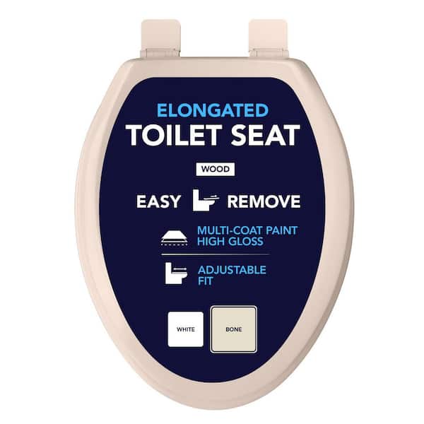 PLUMBFLEX Elongated Toilet Seat with Adjustable Hinges and Easy Removal in Bone Molded Wood,  Standard Size Fit