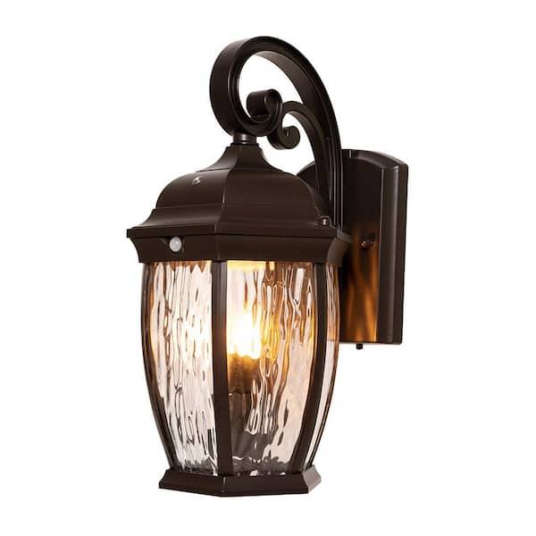 16.1 in. Bronze Integrated LED Motion Sensing Dusk to Dawn Hardwired Outdoor Wall Light Lantern Sconce, Flickering Bulb